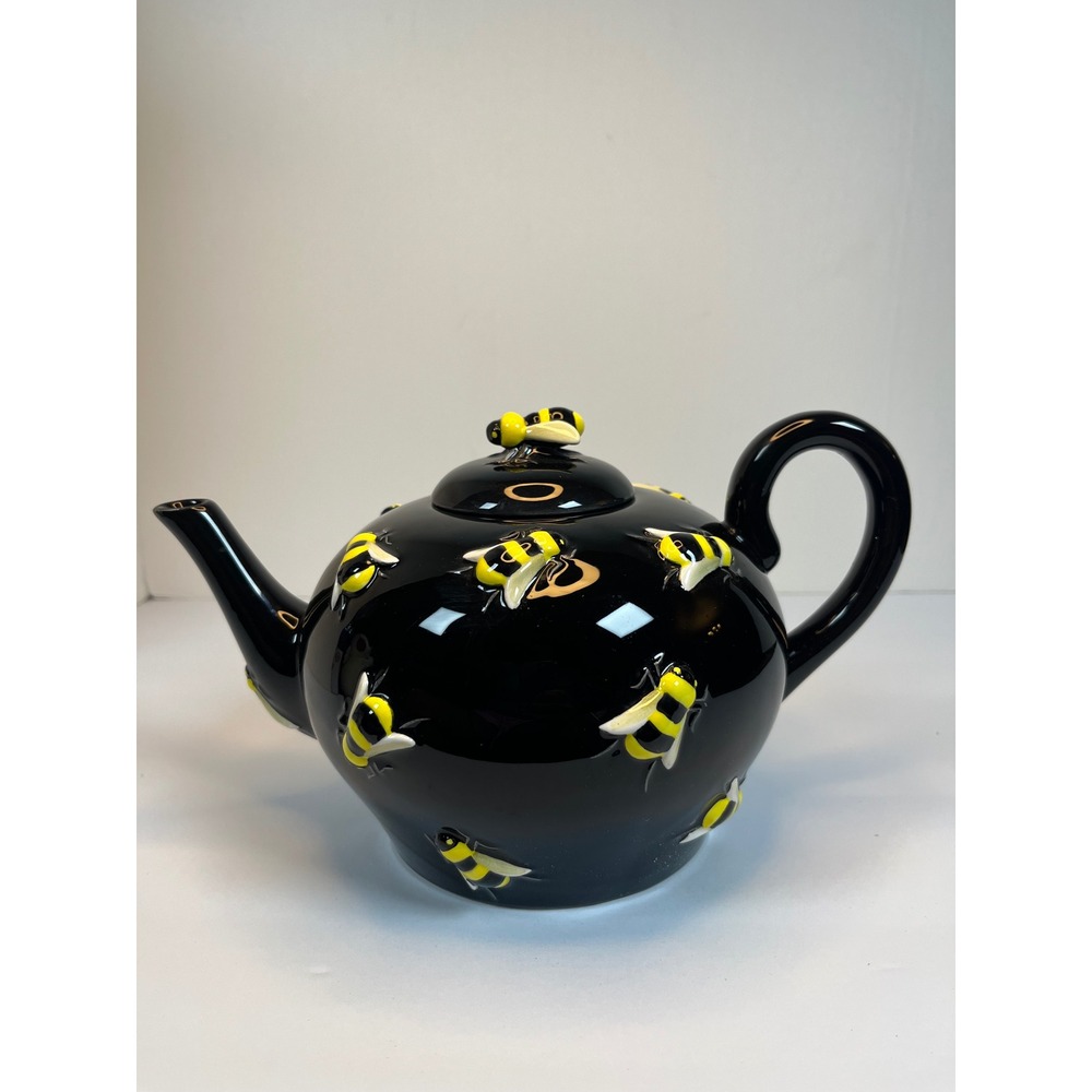 Department 56 Buzz Black Ceramic Teapot with 3D Bumblebees Glossy Finish